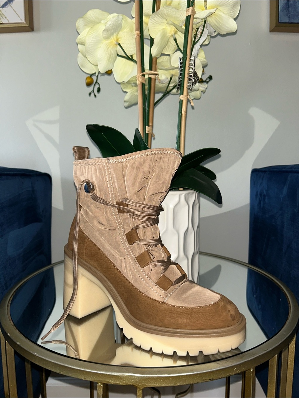 Dolce Vita Tan Mixed-Material Lace-Up Chunky Heel Boot